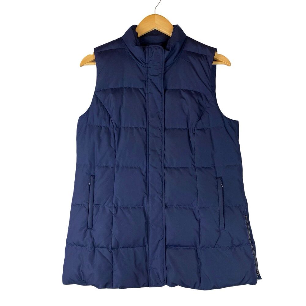 J Jill Down Puffer Vest Womens Small Petite Navy Longline Quilted Side Zip Tunic